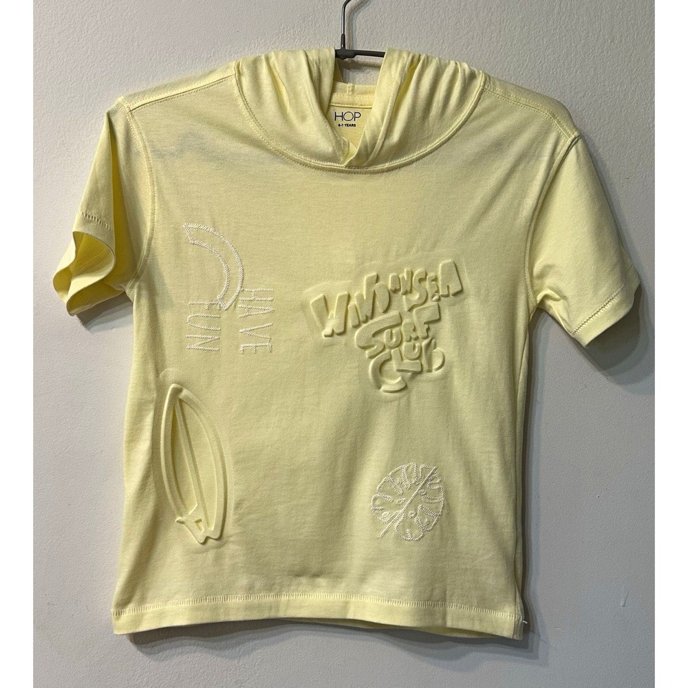 HOP Kids Boys Yellow Embossed Surf Club Short Sleeve Hooded T-Shirt Size 6-7 Yrs